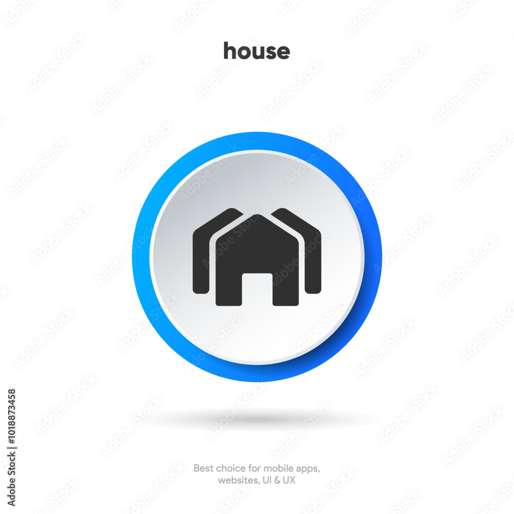 Obraz premium Minimal modern home, homepage, base, main page, house push button icon emblem symbol, sign. 3d blue home icon. Mobile app icons. Device UI UX mockup. Isolated vector elements.