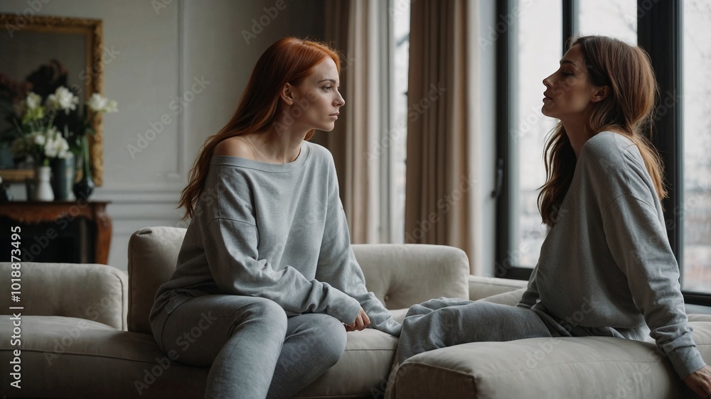 Two Women in Comfortable Loungewear Sitting on Sofa in Stylish, Minimalist Living Room with Large Windows Two Women in Comfortable Loungewear Sitting on Sofa in Stylish, Minimalist Living Room with Large Windows