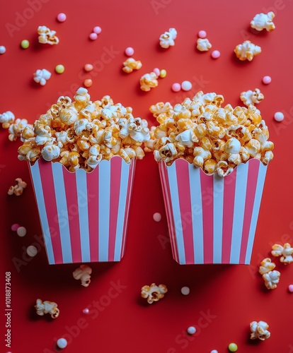 Freshly popped popcorn in striped boxes alongside colorful candy on a vibrant...