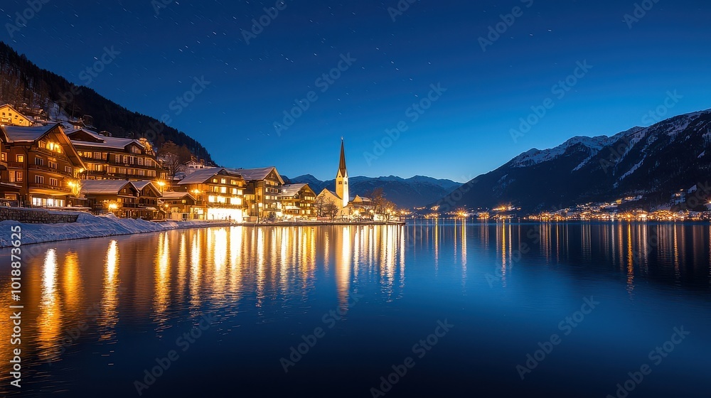 Obraz premium A serene night view of a lakeside village, with illuminated buildings reflecting on the calm water, surrounded by mountains under a twilight sky.