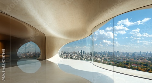 Stunning cityscape view from modern building showcasing nature and urban skyline on sunny day photo