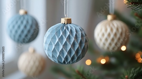 Decorative blue ornaments hanging elegantly, enhancing a festive atmosphere i...