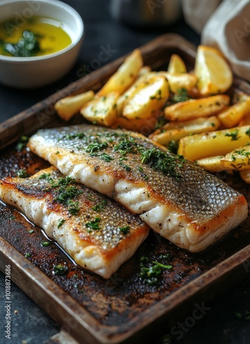 Deliciously seasoned fish fillet served with golden fries on a rustic wooden ...