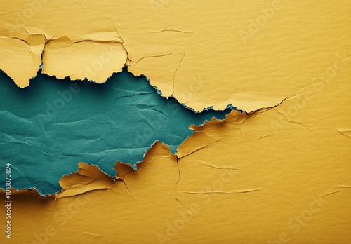 Torn yellow paper revealing a vibrant blue background with textured layers an...