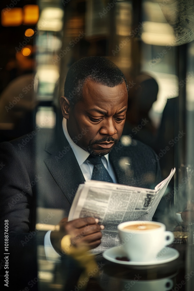 An older man reading a newspaper while sitting by the window in a cozy cafe during the afternoon
