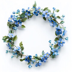 Round frame made of blue flowers on white background