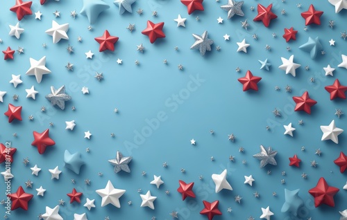 Colorful stars in red, white, and silver scattered on a blue background for festive decor