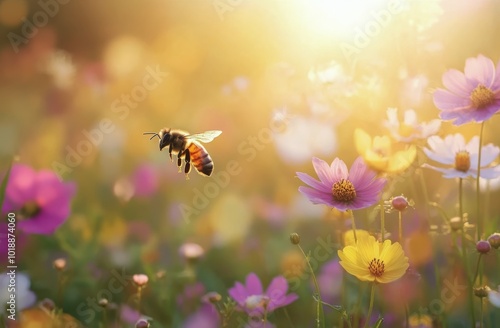 Bees pollinating colorful flowers in a vibrant summer meadow at sunset