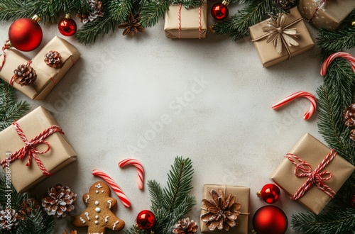 Holiday gift arrangement with decorations on a white background during winter...