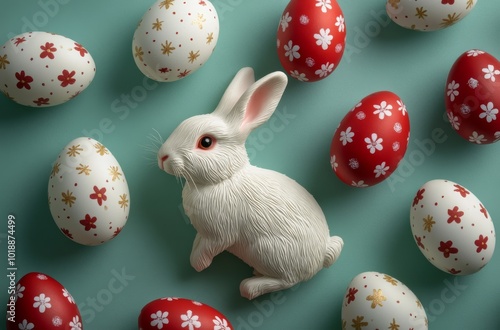 Celebrating Easter with decorative eggs and a cute bunny on a pastel green ba...