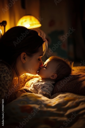Mother and child share a tender moment with warm lights during a cozy nightti...