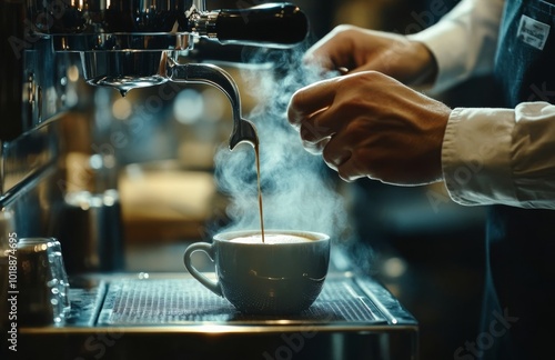 Barista preparing espresso in a cozy cafe, showcasing steam and rich coffee extraction