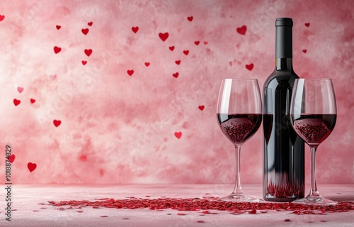Romantic setting with red wine, glasses, and heart-shaped decorations on a pi...