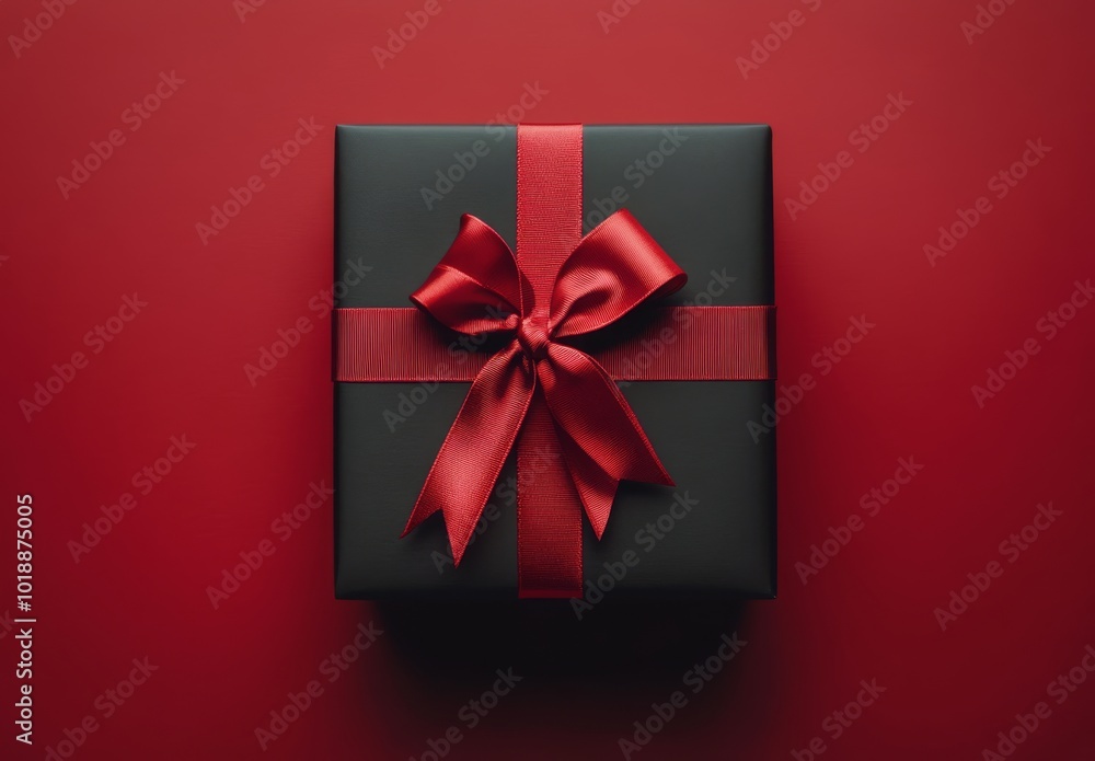 Decoratively wrapped black gift box with a red ribbon on a deep red background Decoratively wrapped black gift box with a red ribbon on a deep red background