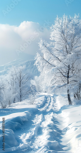 A snowy landscape with a river and trees