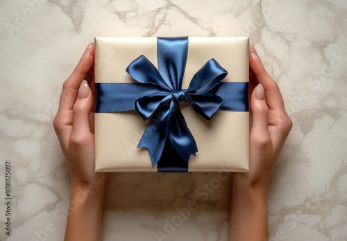 Wrapping a beautifully adorned gift with a blue ribbon on a textured surface ...