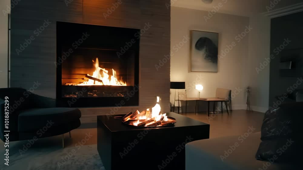 The camera pans slowly from a fireplace with a flickering fire to the rest of the modern living room. The camera pans slowly from a fireplace with a flickering fire to the rest of the modern living room.