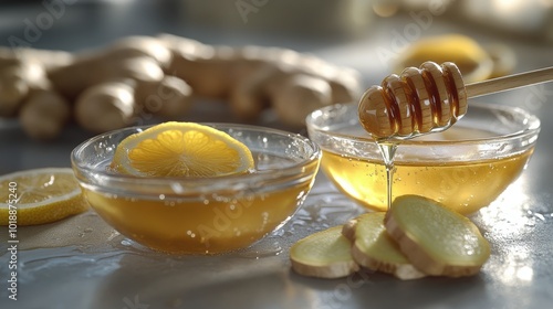 Freshly made honey with ginger and lemon served in bowls on a kitchen countertop
