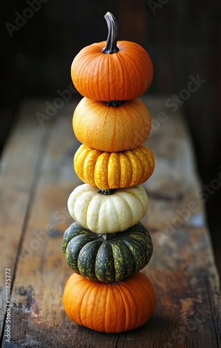 A creative arrangement of colorful pumpkins stacked on a rustic wooden table ...