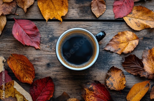 Coffee cup surrounded by autumn leaves on a rustic wooden table in the aftern...