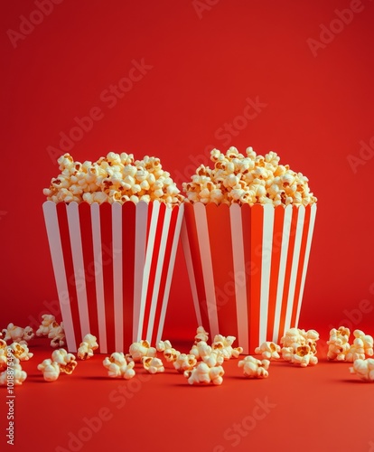 Warm, buttery popcorn spilling from striped containers on a vibrant red backg...
