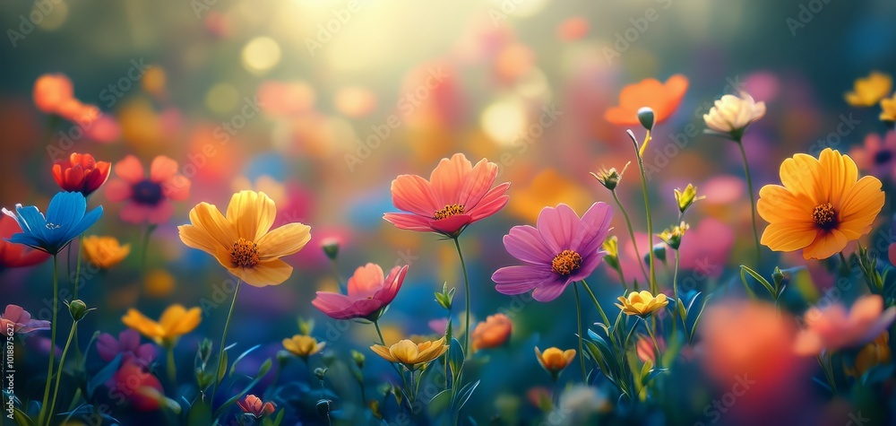 Colorful flower garden in full bloom during sunny spring afternoon Colorful flower garden in full bloom during sunny spring afternoon