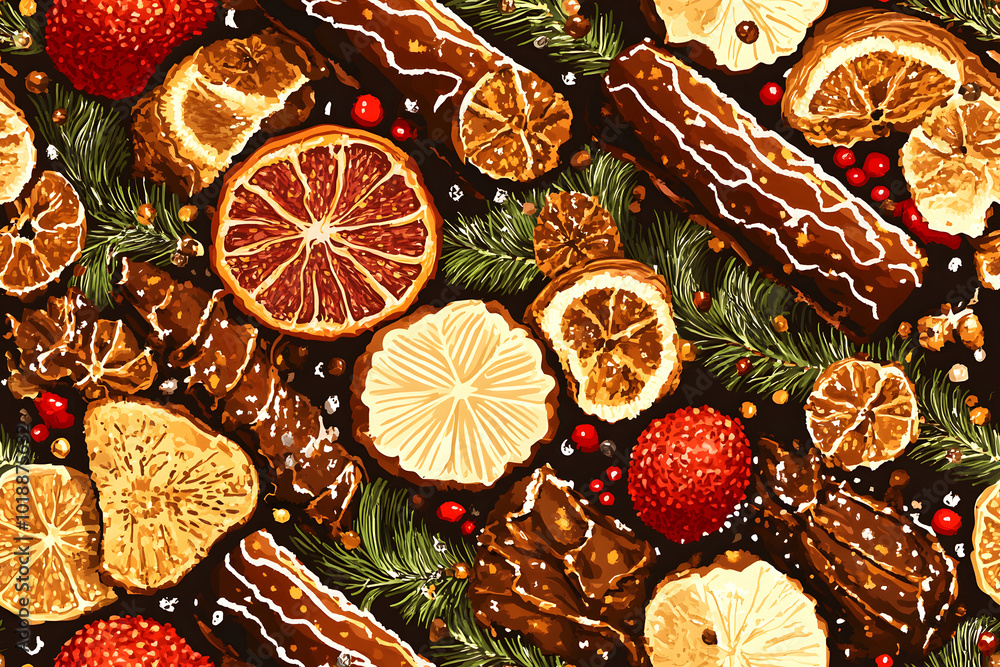 Seamless pattern of festive cakes and fruits Seamless pattern of festive cakes and fruits
