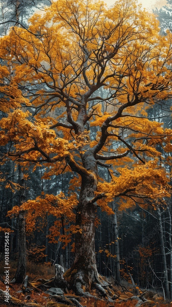 Fototapeta premium A majestic tree with golden fall foliage in a tranquil forest setting