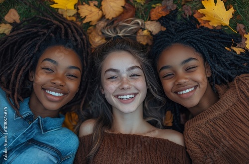 Three friends smiling and enjoying autumn while lying on colorful leaves in a...