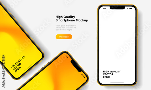 Realistic smartphone mockup. Mobile phone vector with isolated on white background. Device front view. 3D mobile phone with shadow. Realistic, high quality smart phone mockup for ui ux presentation.