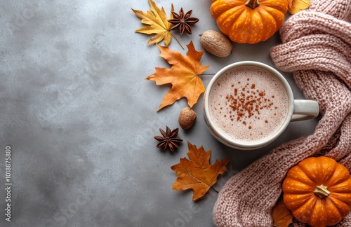 Cozy fall coffee arrangement with pumpkin, knit sweater, and autumn leaves on...