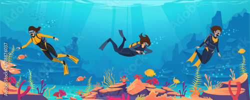 Three divers swim through vibrant coral reefs and colorful fish. Vector illustration