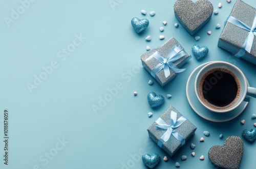 A cozy blue table setting with coffee, heart-shaped decorations, and wrapped ...