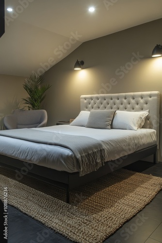 Modern bedroom interior with stylish decor and natural light in an urban setting