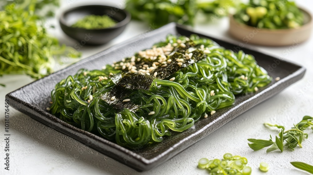 Seaweed salad with sesame seeds and herbs on a black plate in a bright kitchen Seaweed salad with sesame seeds and herbs on a black plate in a bright kitchen