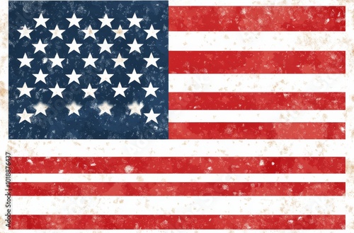 Worn American flag with faded colors displayed against a rustic background