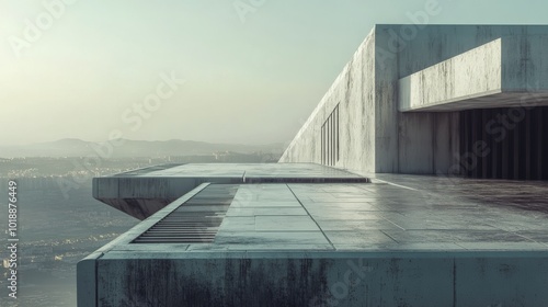 Ruined rooftop view overlooking a misty cityscape with modern buildings in th...