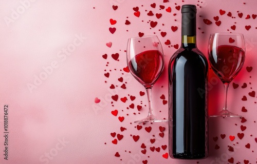 Romantic red wine with heart decorations for a perfect Valentines Day celebra...