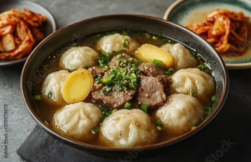 Nourishing dumpling soup with tender beef and vibrant vegetables served in a ...