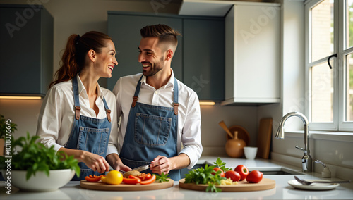 One happy loving couple at home enjoying life together and relationship. Man looking at woman lovingly. Male people cooking for his wife. Male and female enjoying leisure activity indoor in kitchen