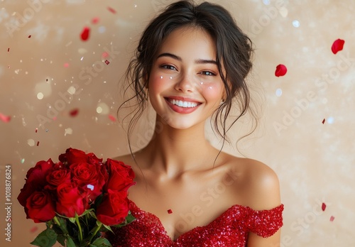 A young woman in a sparkling red dress holding roses and smiling against a go...