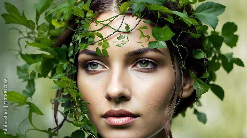 Portrait of Woman with Green Leaves in Natural Setting Portrait of Woman with Green Leaves in Natural Setting