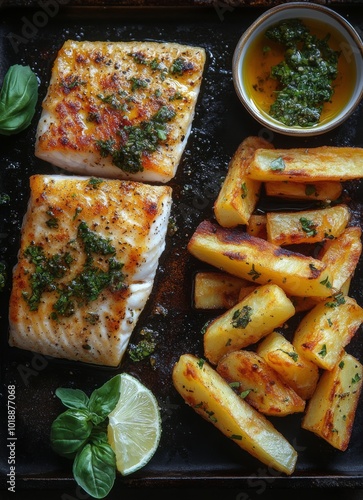 Deliciously seasoned fish fillet served with golden fries on a rustic wooden ...