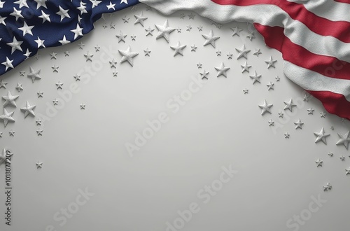 American flag with red and silver stars scattered on a light background for a...