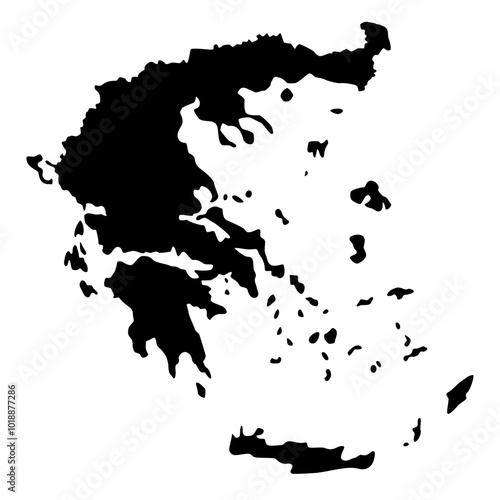 Vector map of Greece, Hellenic Republic, a country in Southeast Europe. Detailed black silhouette, isolated on white background.