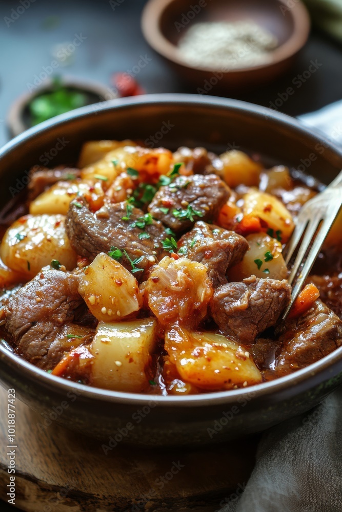 Savory beef stew with vegetables and herbs served in a black bowl on a dark table Savory beef stew with vegetables and herbs served in a black bowl on a dark table