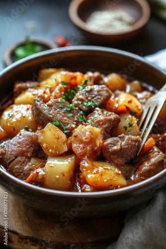 Savory beef stew with vegetables and herbs served in a black bowl on a dark table