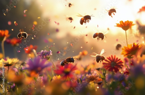 Bees pollinating colorful flowers in a vibrant summer meadow at sunset