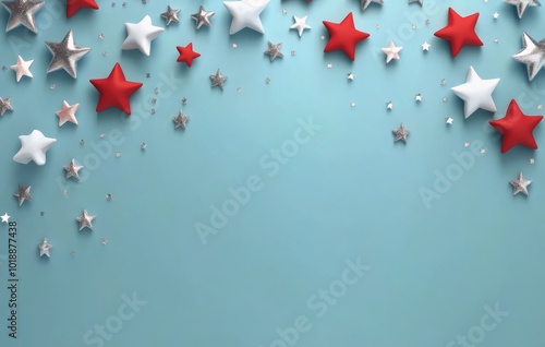 Colorful stars in red, white, and silver scattered on a blue background for f...