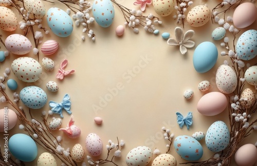 Easter celebration with colorful eggs and bunny decor on a textured background